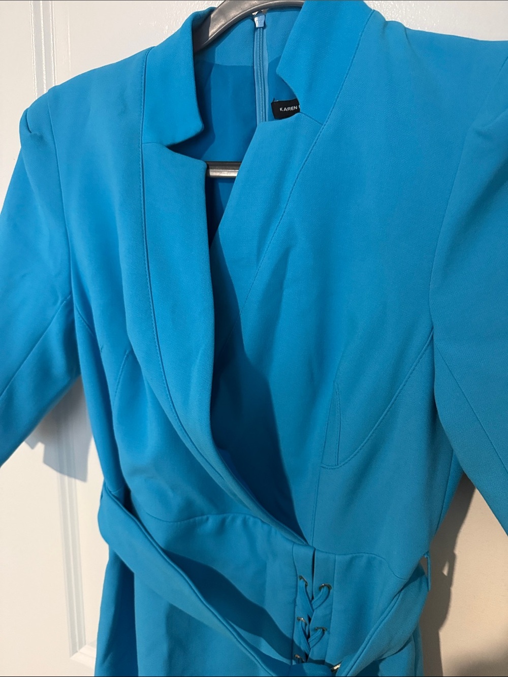 Karen Millen Bright Turquoise Midi Dress with Belt and Lace-Up Trim - Picture 3 of 5